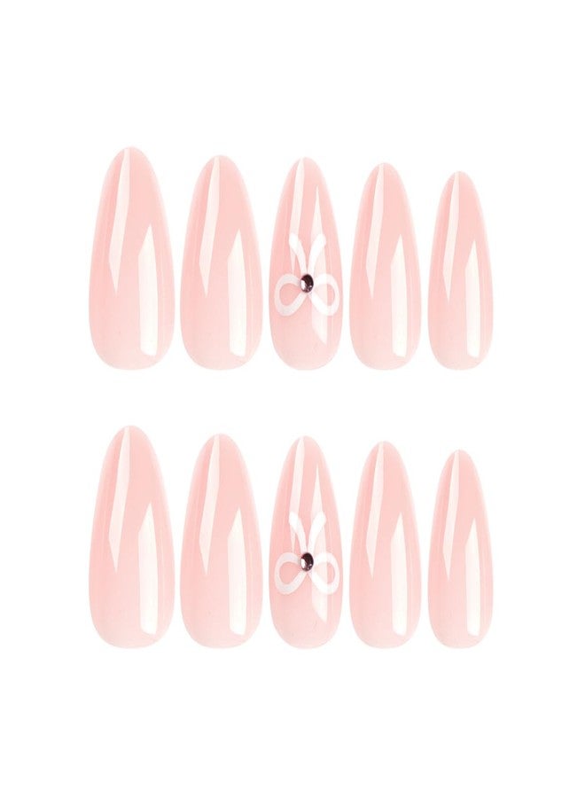 BSBTBZ Light Pink Press on Nails Short, Glossy Solid Color Fake Nails, Full Cover False Nails Design with Bow Tie Short Nude Sweet Stick on Nails for Women&Girls Nail Art Decorations 24Pcs - Image 4